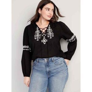 Old Navy Blouse Womens XXL Black Embroidered‎ Lace Up V-Neck Peasant Cotton